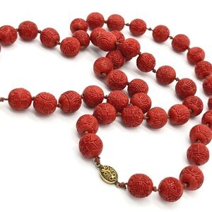 Vintage Chinese Carved Red Cinnabar Shou Bead Necklace 38 Inch Long Strand
